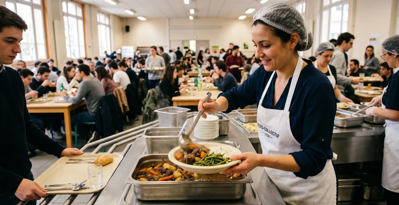 Serveur déposant un plat sur une assiette réutilisable dans une salle de restauration collective.